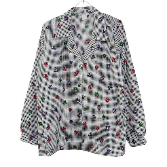1980s Multicolor Rhinestone Gem Print Houndstooth Button Down Blouse Size 16 - Picture 3 of 6